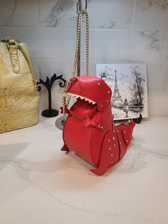 Handbags - Whimsical T-Rex Red crossbody purse with gold toned chain Pristine